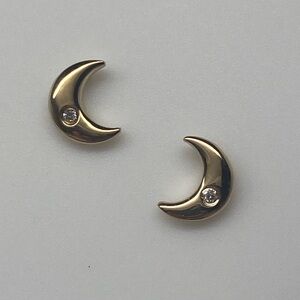 10K Solid Yellow Gold Bezel Set Diamond Moon Earrings NEW